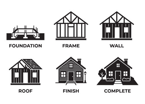 House construction vector illustration set with foundation frame wall roof finish and complete phases