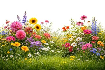 Fototapeta premium Vibrant garden flowers blooming on lush green grass with white isolated background