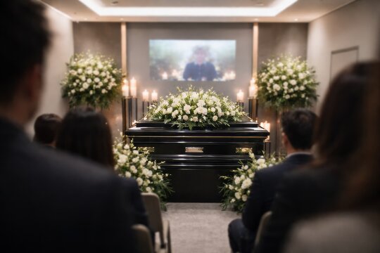 Virtual Memorial Service. Online Funeral With Remote Guests. Remote Participation In Funeral Service Shown On Screens With Floral Arrangements And Subdued Lighting
