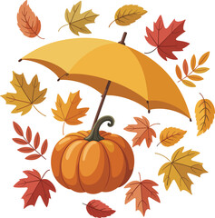 Naklejka premium Autumn vibe design with yellow umbrella pumpkin and leaf isolated cozy rainy weather seasonal mood vector on white background.