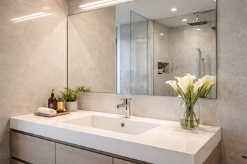 Fototapeta premium Modern bathroom interior featuring a white sink and chrome faucet under a large mirror