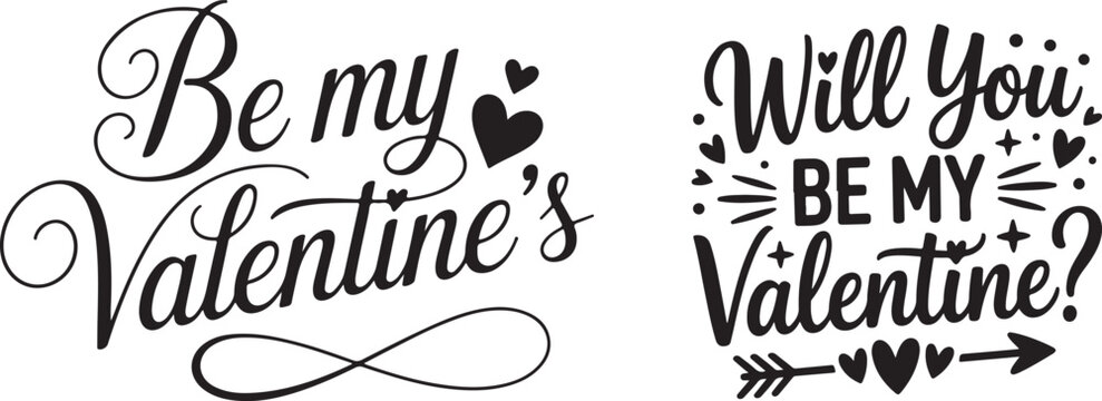Valentine's day calligraphy set with be my valentine and will you be my valentine phrases featuring heart icons and arrow detail.