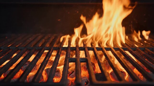 Close-up of intense orange flames erupting from glowing hot coals on a metal grill