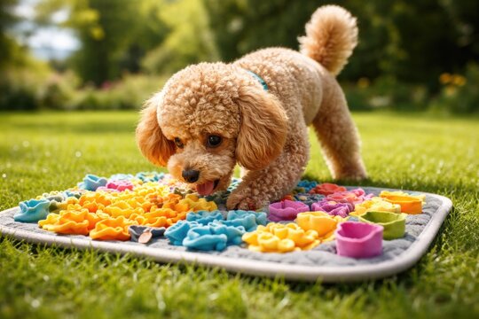 Happy miniature poodle eagerly exploring a snuffle mat during brain-stimulating play on a green grass lawn full length summer day