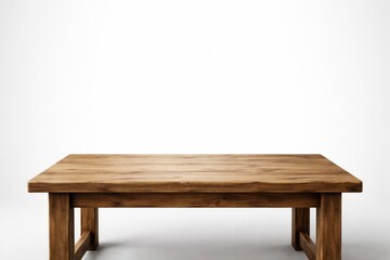 Fototapeta premium Wooden table illustration on a smooth white backdrop with ample copy space