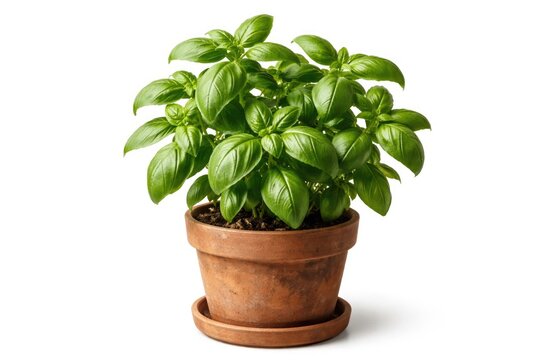 Fresh Basil Plant Growing in Clay Pot Isolated on White Background