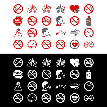 No Smoking Warning Signs Icons Set.