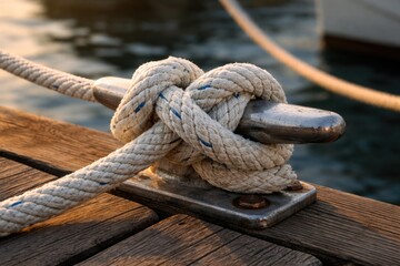 Fototapeta premium Detailed close-up of a knotted mooring rope fastened to a wooden dock cleat