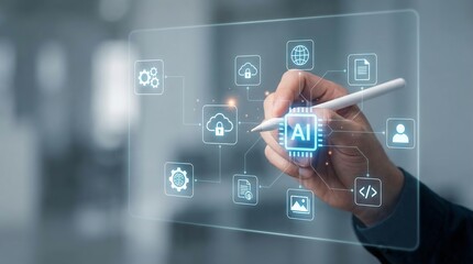 Fototapeta premium A hand uses a stylus on a digital interface, illustrating an AI workflow optimization concept with AI chip, cloud computing, and machine learning innovation icons.