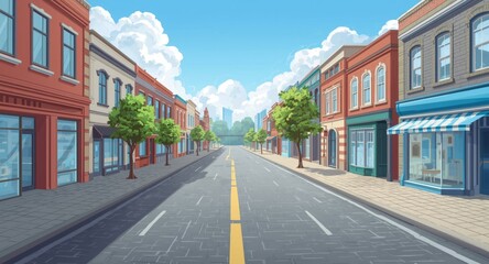 Fototapeta premium Cartoon city road with shops office buildings and houses urban landscape background