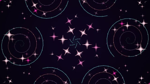 Glowing spiral patterns and stars on a dark background with a mesmerizing display of light and color
