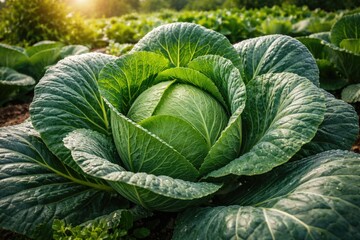 Fototapeta premium Flourishing Green Cabbage in Vibrant Vegetable Garden at Sunrise