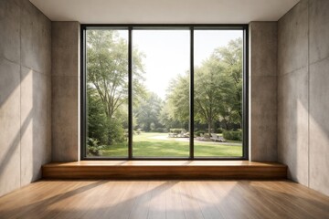 Fototapeta premium Modern large window with wooden sill to floor against concrete wall for UI backdrop