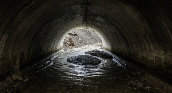 Storm water contamination flooding a bright concrete culvert under heavy load