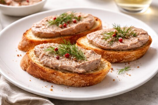 Elegant white plate featuring three baguette toasts topped with rich duck liver foie gras pate garnished with fresh dill and red pepper