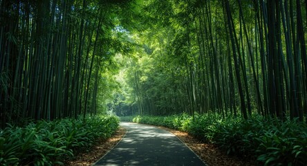 Obraz premium Underneath a lush bamboo canopy with dappled light