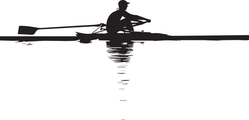 Silhouette of a single rower in a scull boat on calm water with reflection. © Suvankor
