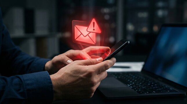 A warning spam email alert on a smartphone and laptop highlights the pervasive cyber threat of phishing scams.