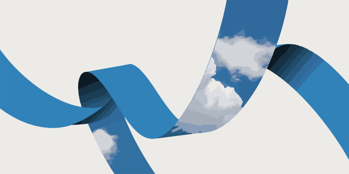 Abstract blue ribbon swirling with cloud patterns inside against a light background modern artistic ribbon design.