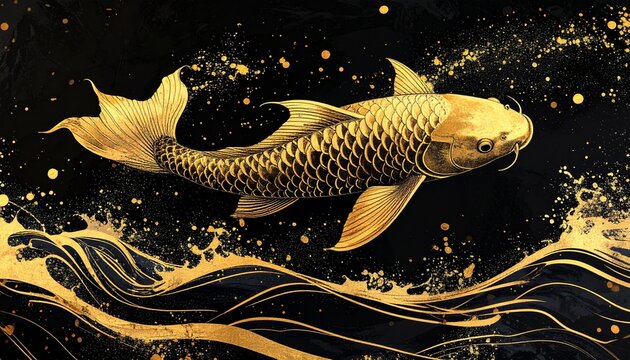 黒背景に跳躍する金の鯉と波紋の墨絵アート