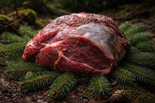 Raw Wild Boar Rump Resting on Fresh Spruce Twigs in Forest Setting