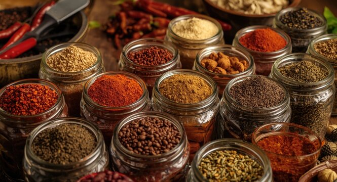 Variety of colorful chili and spice powders stored in glass jars on warm wooden surface