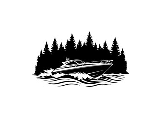 Obraz premium Luxury Speedboat in Forest Waters