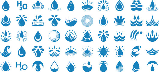 Fototapeta premium Water drop icon collection with various splashes, ripples, and H2O symbols, representing liquid and hydration elements.