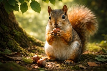 Fototapeta premium Fox Squirrel Eating Hazelnut Under Leafy Tree Shade