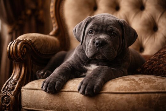 Cane Corso puppy resting peacefully on an elegant carved chair with detailed background