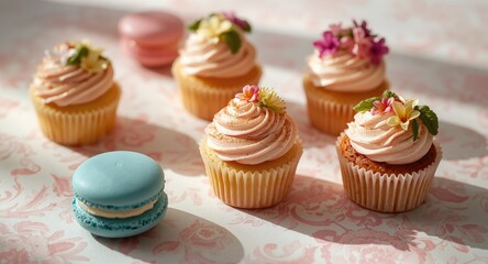Fototapeta premium Handcrafted French macarons cupcakes and muffins set with room for copy text