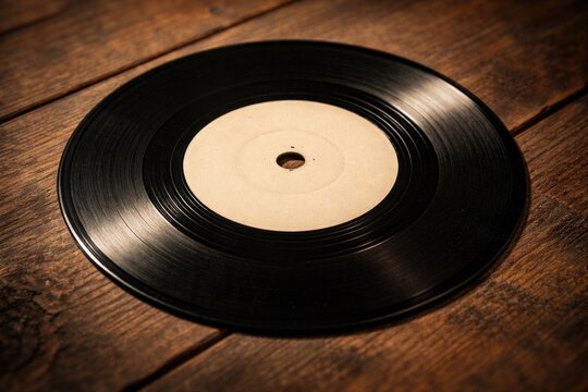 Vintage 45 RPM vinyl record with blank label on wooden surface