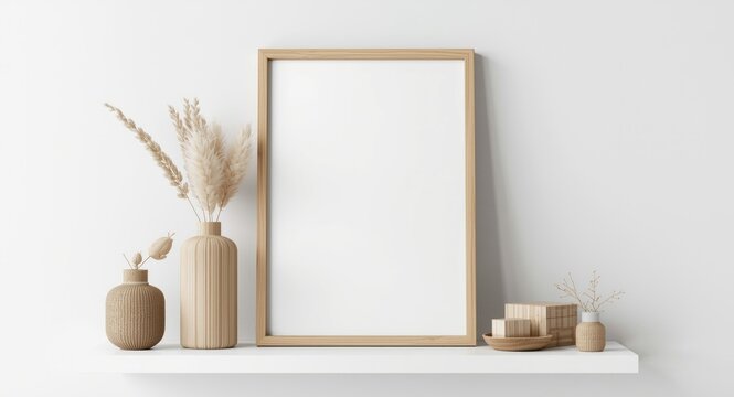 Minimalist 8x10 vertical frame in light wood on a shelf with charming bohemian elements
