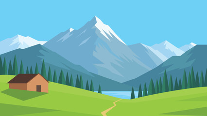 Fototapeta premium Lonely Hut Watching Alpine Horizon Flat Design