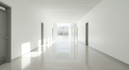 Fototapeta premium Brightly lit modern college passage with sleek doors and large empty copy area