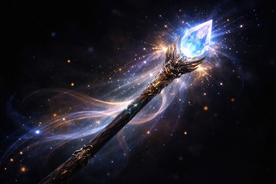 Illustration of a glowing magic wand with a bright crystal on dark background