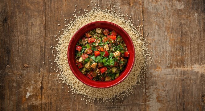 Upper viewpoint of tabbouleh mix in a ruby red bowl on a rough rustic table accompanied by light couscous