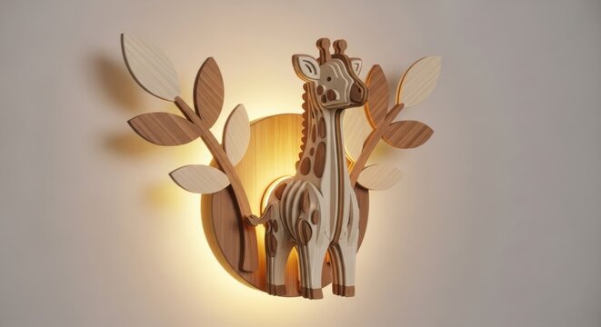 Wooden giraffe wall lamp with leafy design and warm glow