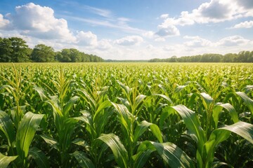 Fototapeta premium Lush Green Cornfield Under Bright Summer Sky with Soft Clouds