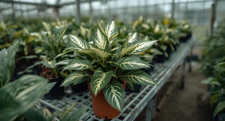 Fototapeta premium Detailed view of Dieffenbachia plant on table inside greenhouse highlighting steps for indoor gardening and plant care