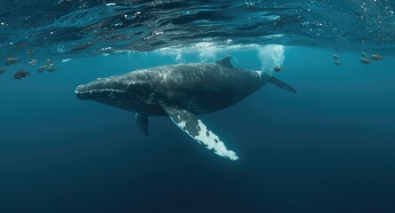 Naklejka premium Underwater scene of a humpback whale moving smoothly through ocean currents with fish nearby