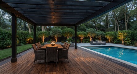 Fototapeta premium Outdoor living area with modern black pergola, teak flooring, pool, and lush garden trees