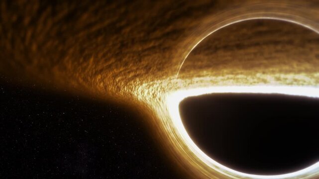 Supermassive black hole event horizon golden accretion disk gravitational lensing, warped spacetime, swirling plasma, deep space stars, cinematic cosmos, astrophysics concept, sci fi background