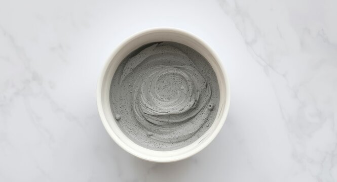 White bowl filled with gray bentonite clay for spa mask top view natural copy space