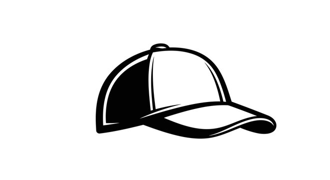 A simple black and white illustration of a baseball cap on a white background.