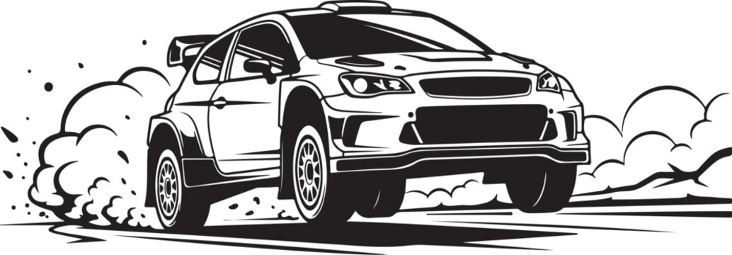 Racing car vector, speeding auto illustration, black and white, dynamic wheels, smoke trail