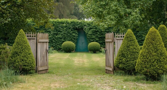 Rustic garden gate opening to a natural uncut lawn with trimmed trees and shrubs by a green door