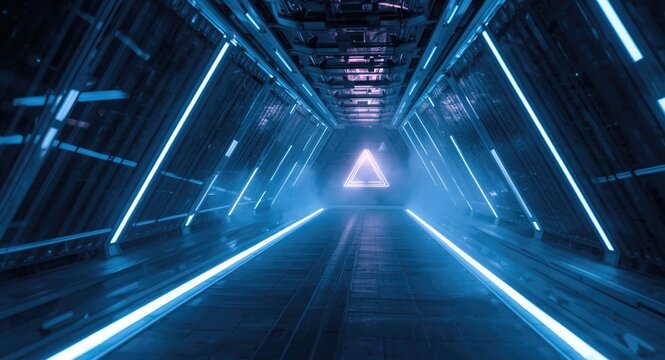 High tech corridor with glowing alien spaceship and triangular fog surrounded by abstract blue and white light lines