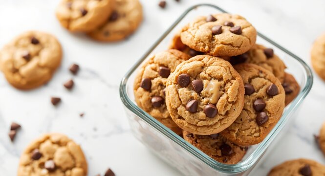 Warm freshly made cookies served in a glass container set on a bright white table