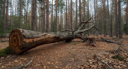 Fototapeta premium Barren forest area featuring a large fallen tree and visible stumps nearby
